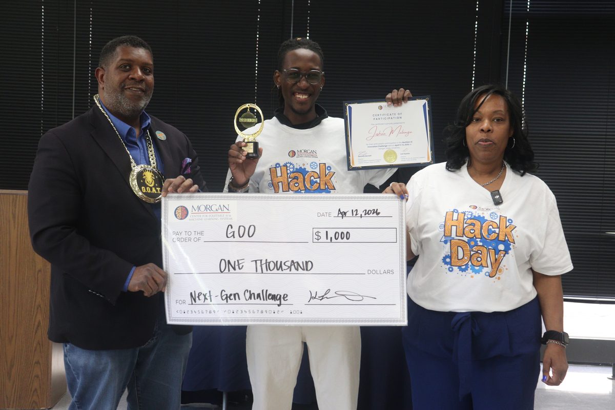Joshua Mabonga holding a trophy, certificate, and check for his participa8 project at the NextGen AI Innovation Challenge at Morgan State University